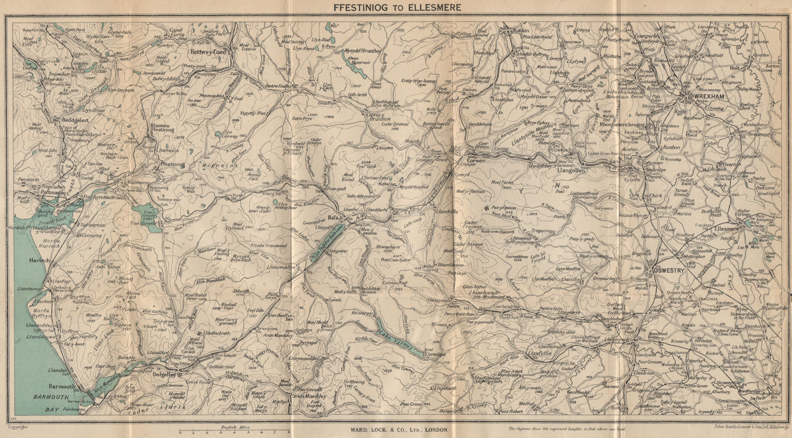 NORTH CENTRAL WALES. Ellesmere Bala Llangollen Wrexham Oswestry 1948 old map